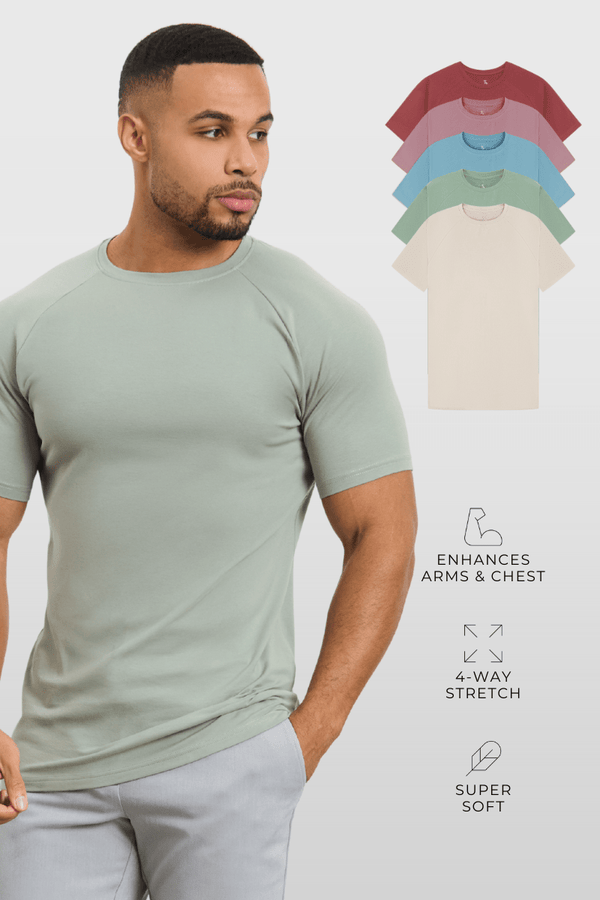 5 Pack Athletic Fit Crew Neck T-Shirt in Faded Terracotta/ Dusty Lilac/ Blue/ Sage/ Sand