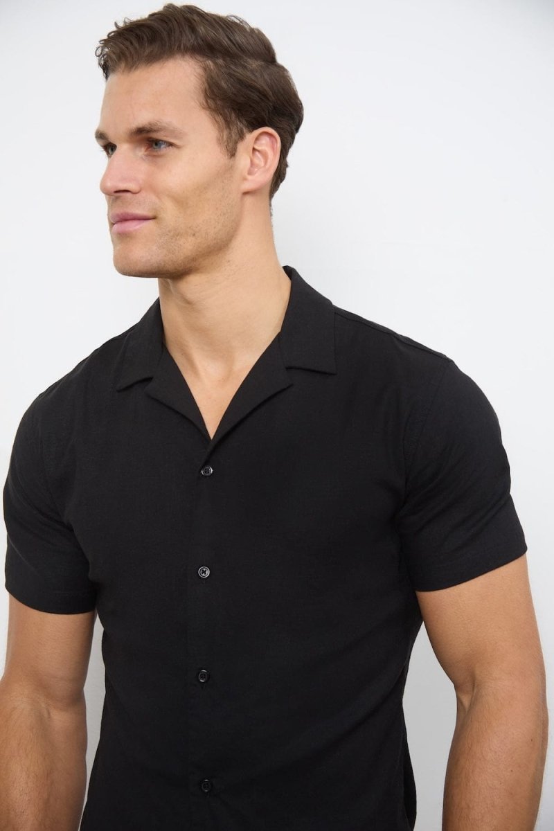 Stretch Linen Blend Cuban Collar Shirt in Black - TAILORED ATHLETE - USA