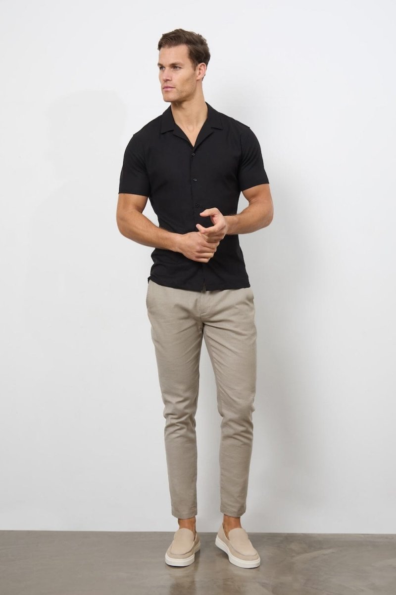Stretch Linen Blend Cuban Collar Shirt in Black - TAILORED ATHLETE - USA