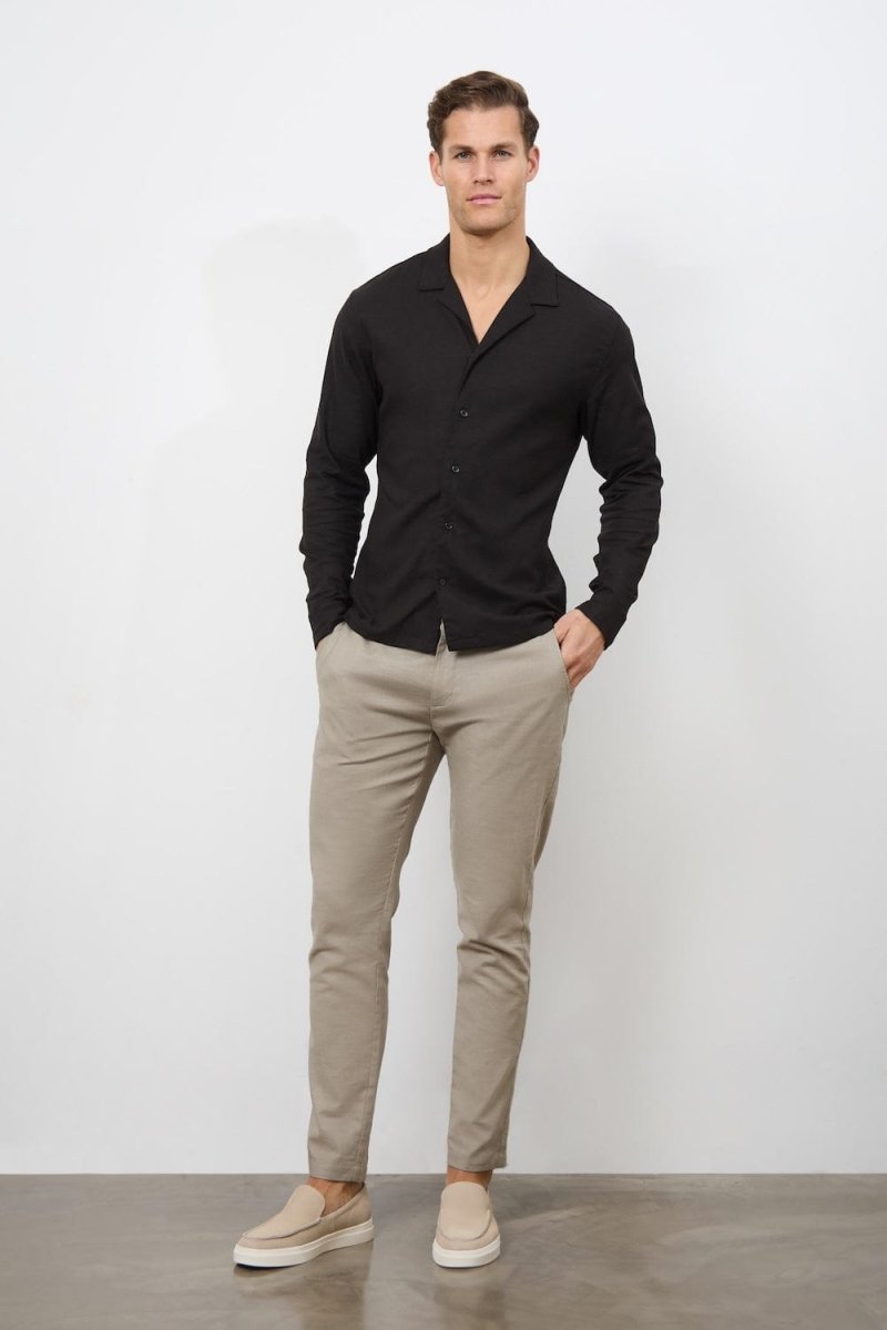 Stretch Linen Blend Cuban Collar Shirt in Black - TAILORED ATHLETE - USA