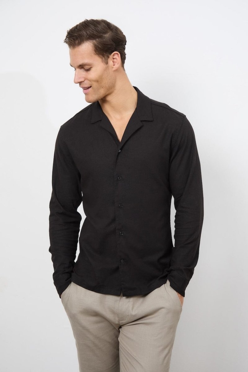 Stretch Linen Blend Cuban Collar Shirt in Black - TAILORED ATHLETE - USA