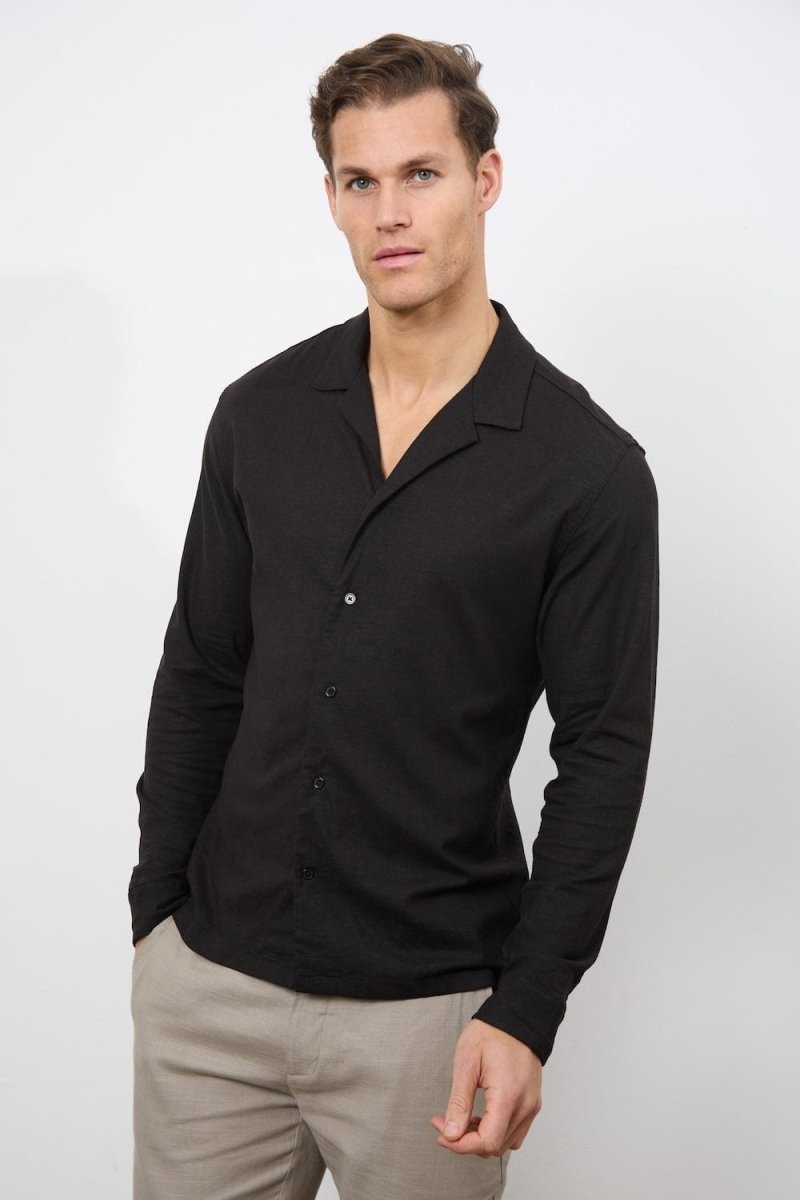 Stretch Linen Blend Cuban Collar Shirt in Black - TAILORED ATHLETE - USA