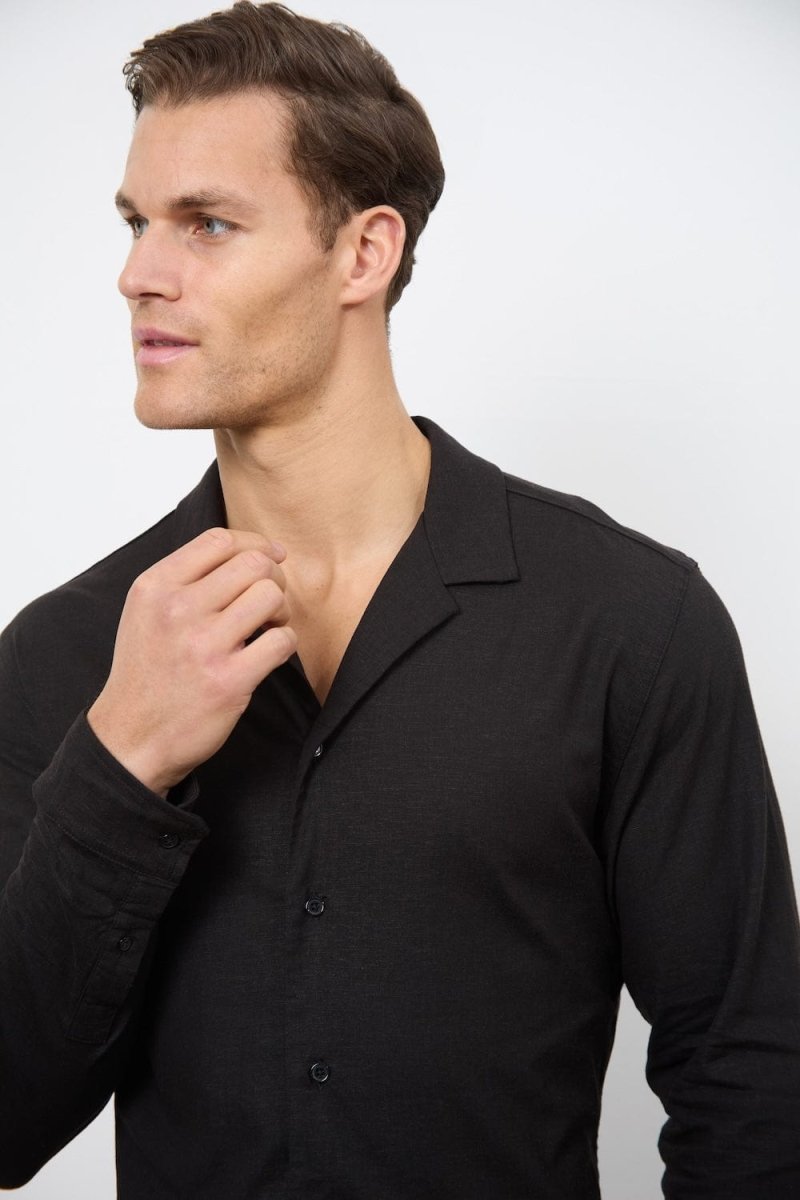 Stretch Linen Blend Cuban Collar Shirt in Black - TAILORED ATHLETE - USA