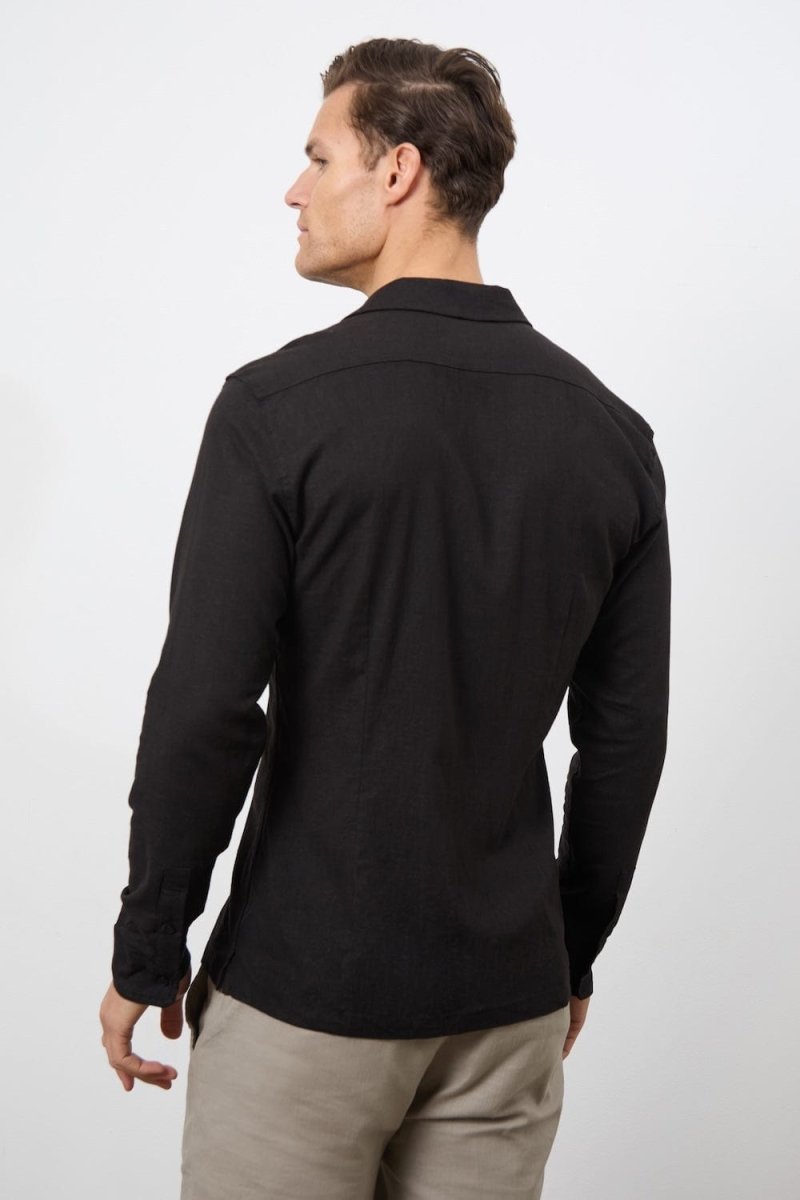 Stretch Linen Blend Cuban Collar Shirt in Black - TAILORED ATHLETE - USA