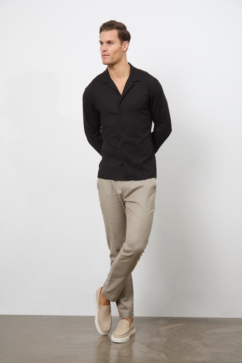 Stretch Linen Blend Cuban Collar Shirt in Black - TAILORED ATHLETE - USA