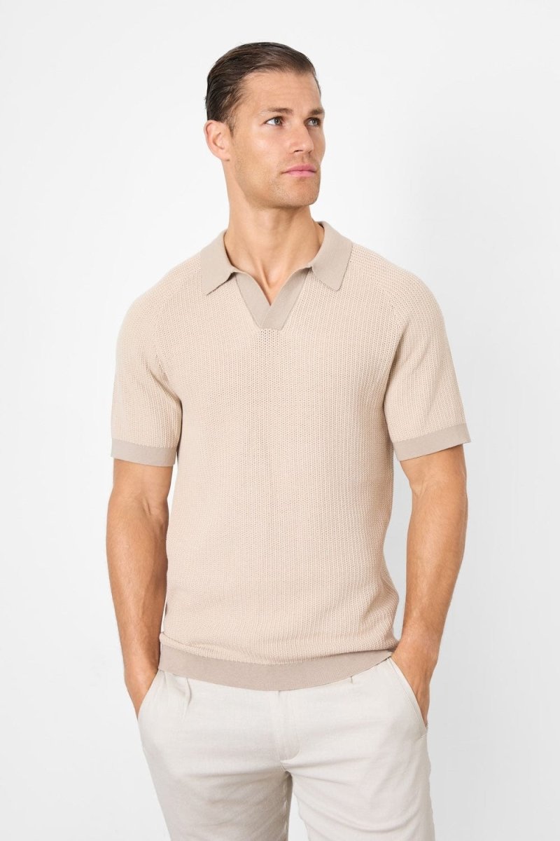 Contrast Textured Knitted Polo Shirt in Stone - TAILORED ATHLETE - USA