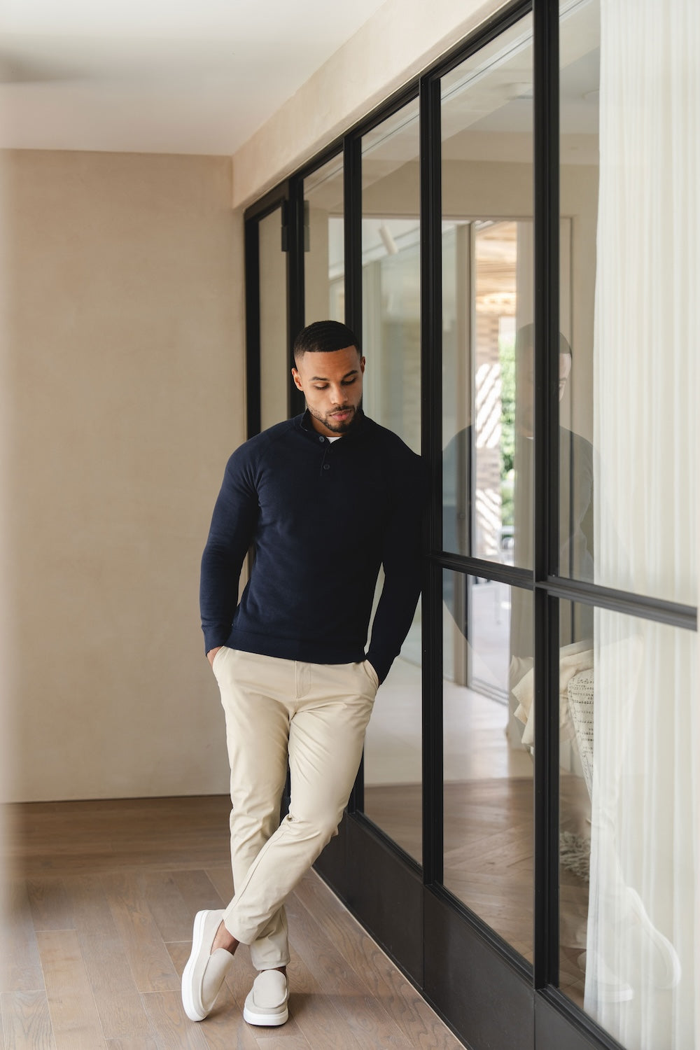 Pure Cotton Knitted Button Neck Sweater in Navy - TAILORED ATHLETE - USA