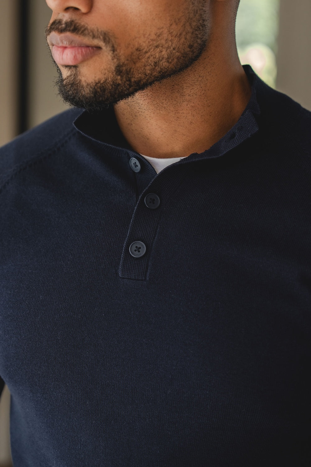 Pure Cotton Knitted Button Neck Sweater in Navy - TAILORED ATHLETE - USA