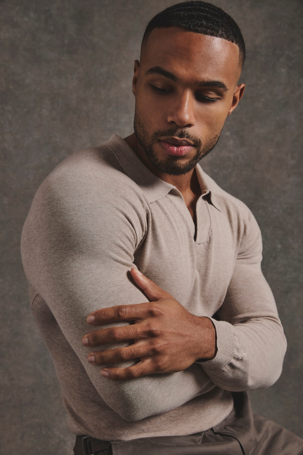 Pure Cotton Knitted Open Collar Polo Shirt in Neutral Marl - TAILORED ATHLETE - USA