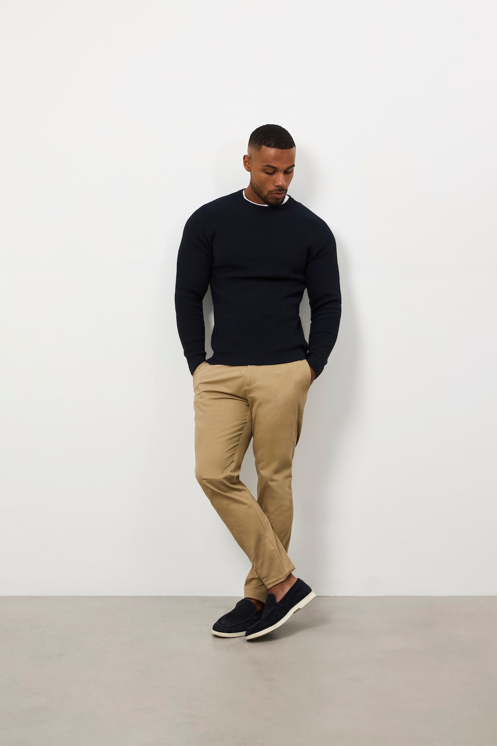Pure Cotton Knitted Textured Crew Neck Sweater in Navy - TAILORED ATHLETE - USA