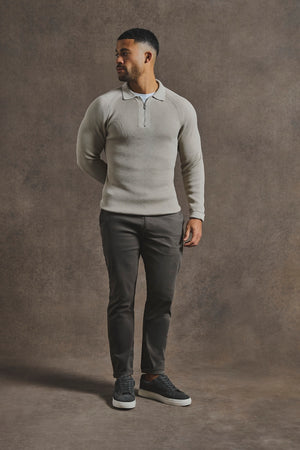 Cotton Textured Knitted Half Zip Polo Shirt in Stone - TAILORED ATHLETE - USA
