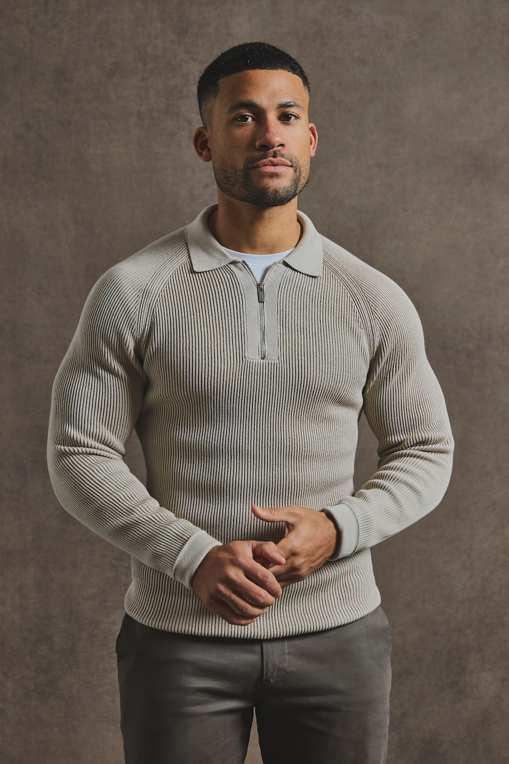 Cotton Textured Knitted Half Zip Polo Shirt in Stone - TAILORED ATHLETE - USA