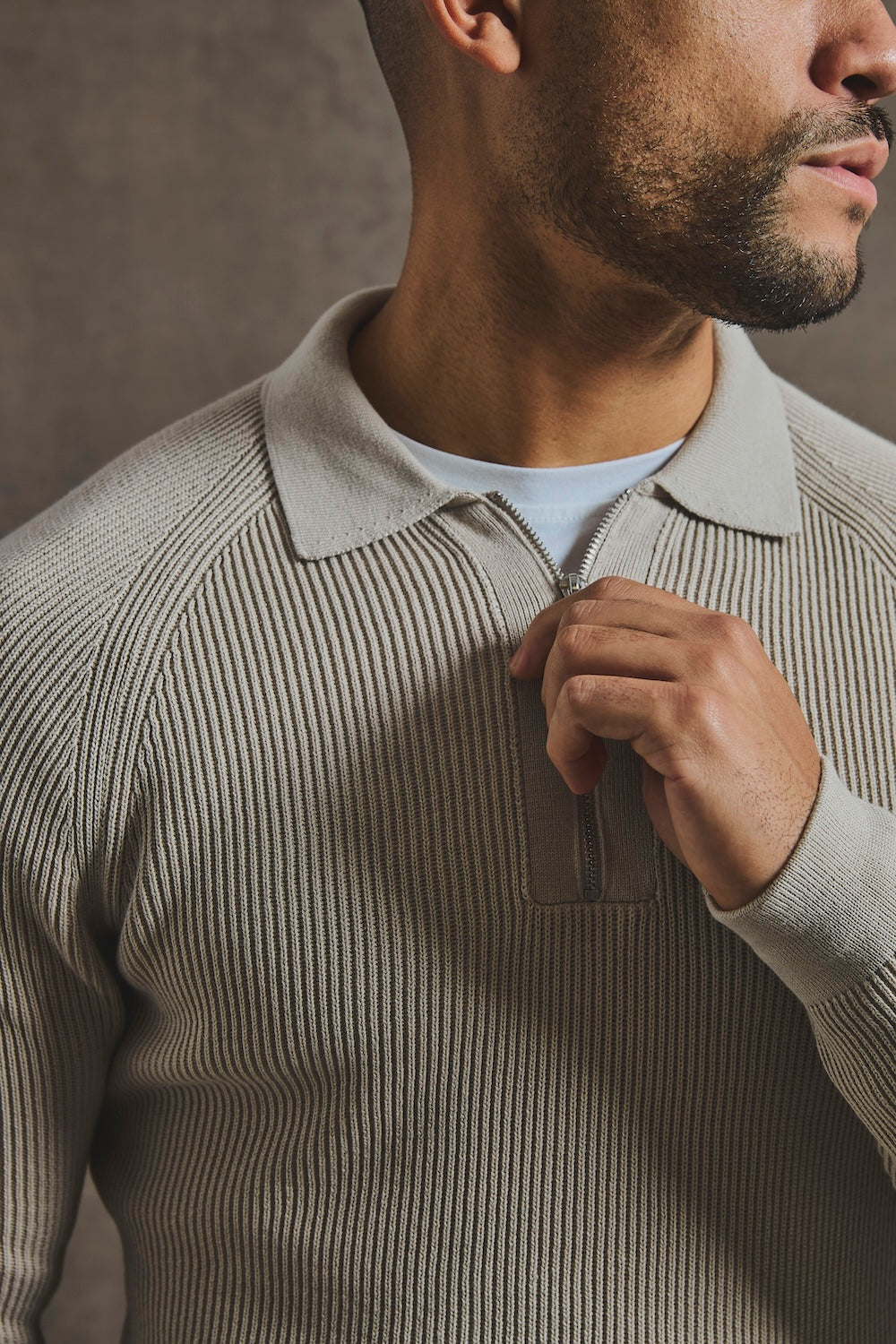 Cotton Textured Knitted Half Zip Polo Shirt in Stone - TAILORED ATHLETE - USA