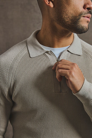 Cotton Textured Knitted Half Zip Polo Shirt in Stone - TAILORED ATHLETE - USA