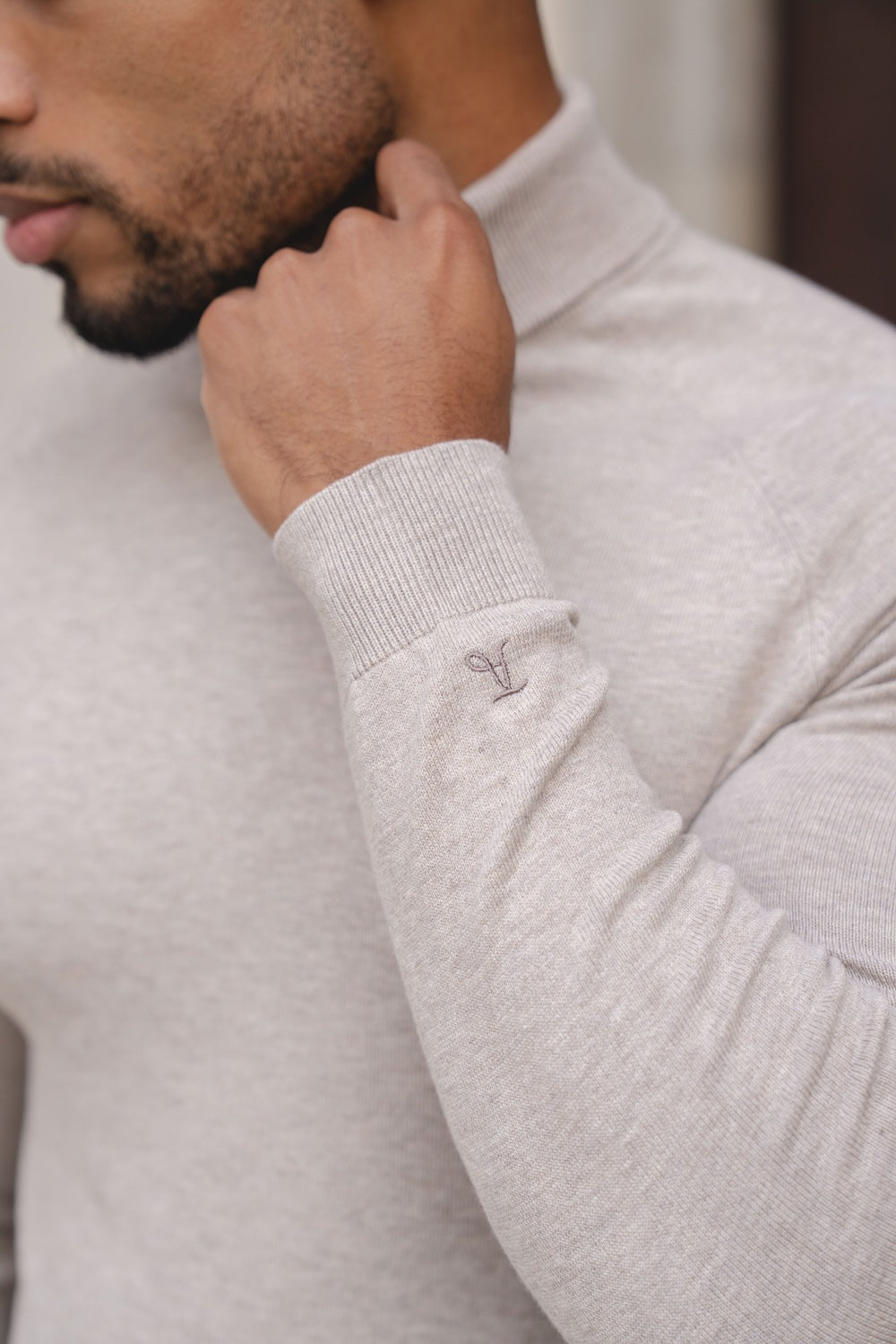 Cotton Blend Roll Neck Sweater in Neutral Marl - TAILORED ATHLETE - USA