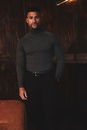 Cotton Blend Roll Neck Sweater in Charcoal - TAILORED ATHLETE - USA