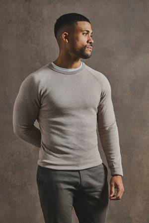 Pure Cotton Knitted Crew Neck Sweater in Neutral Marl - TAILORED ATHLETE - USA