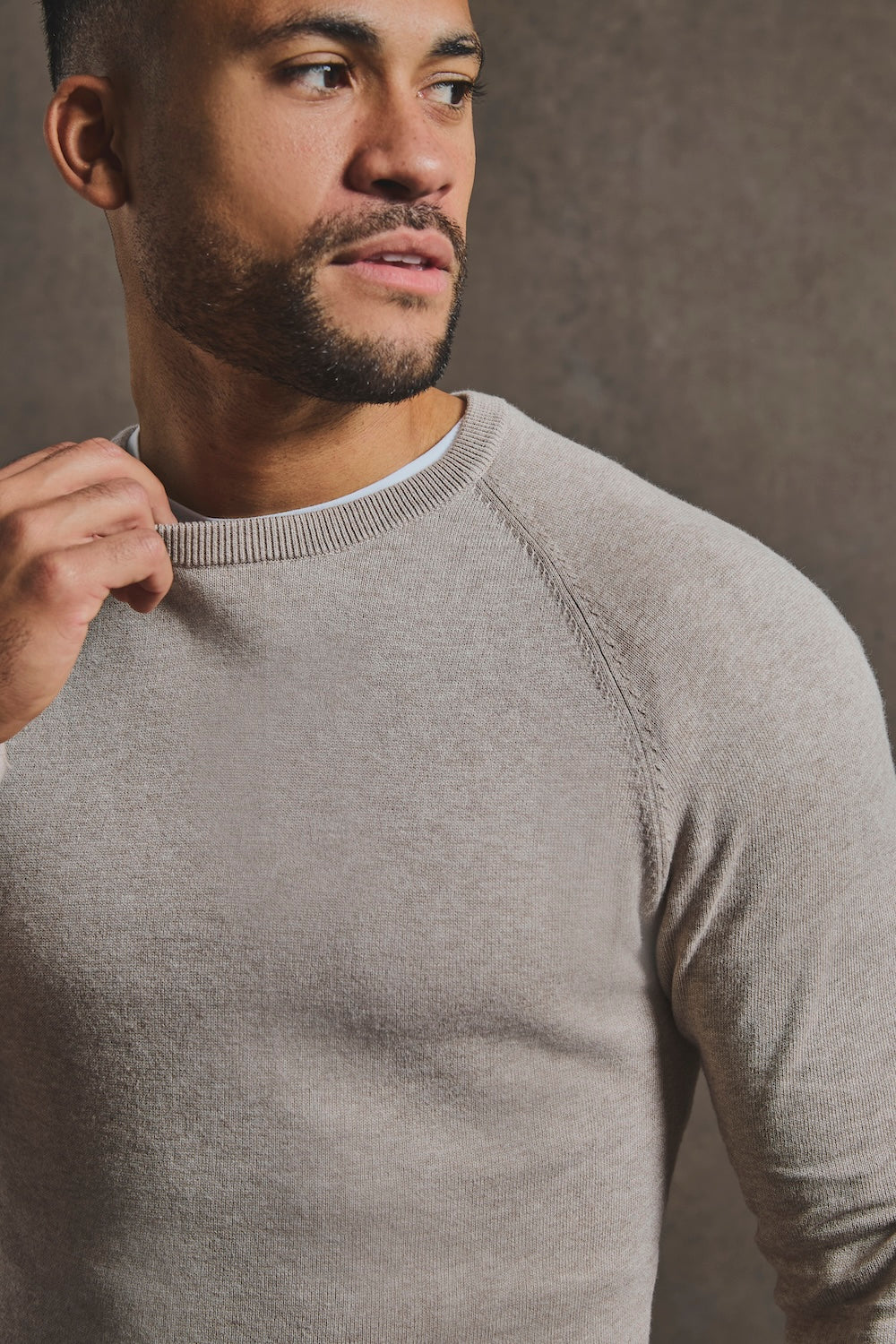 Pure Cotton Knitted Crew Neck Sweater in Neutral Marl - TAILORED ATHLETE - USA