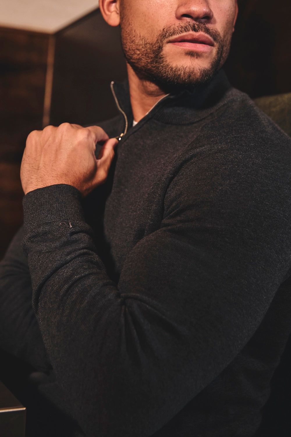 Pure Cotton Knitted Half Zip Neck Sweater in Dark Charcoal Marl - TAILORED ATHLETE - USA