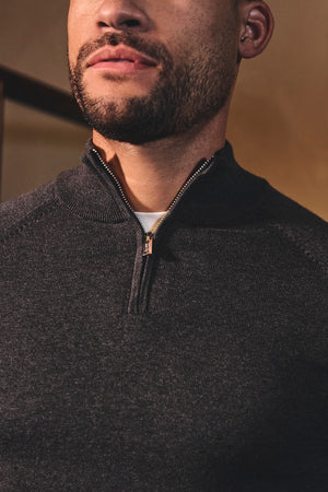 Pure Cotton Knitted Half Zip Neck Sweater in Dark Charcoal Marl - TAILORED ATHLETE - USA