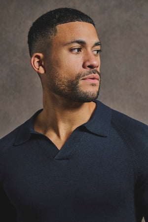 Pure Cotton Knitted Open Collar Polo Shirt in Navy - TAILORED ATHLETE - USA