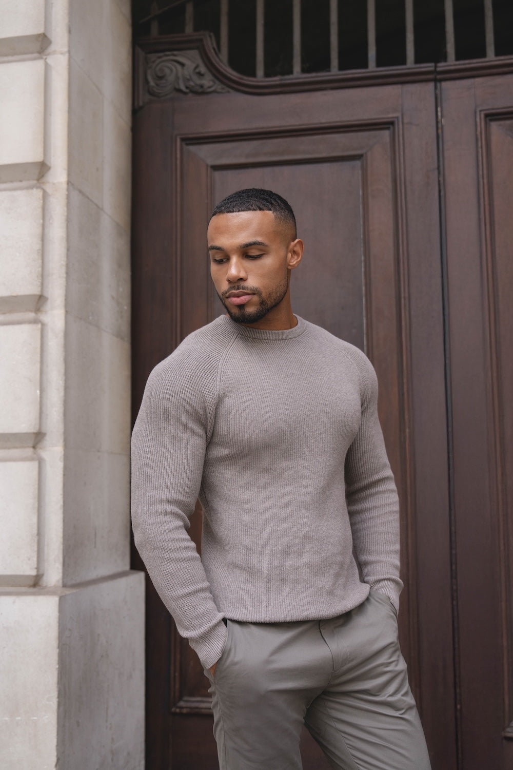 Pure Cotton Knitted Textured Crew Neck Sweater in Brown Marl - TAILORED ATHLETE - USA