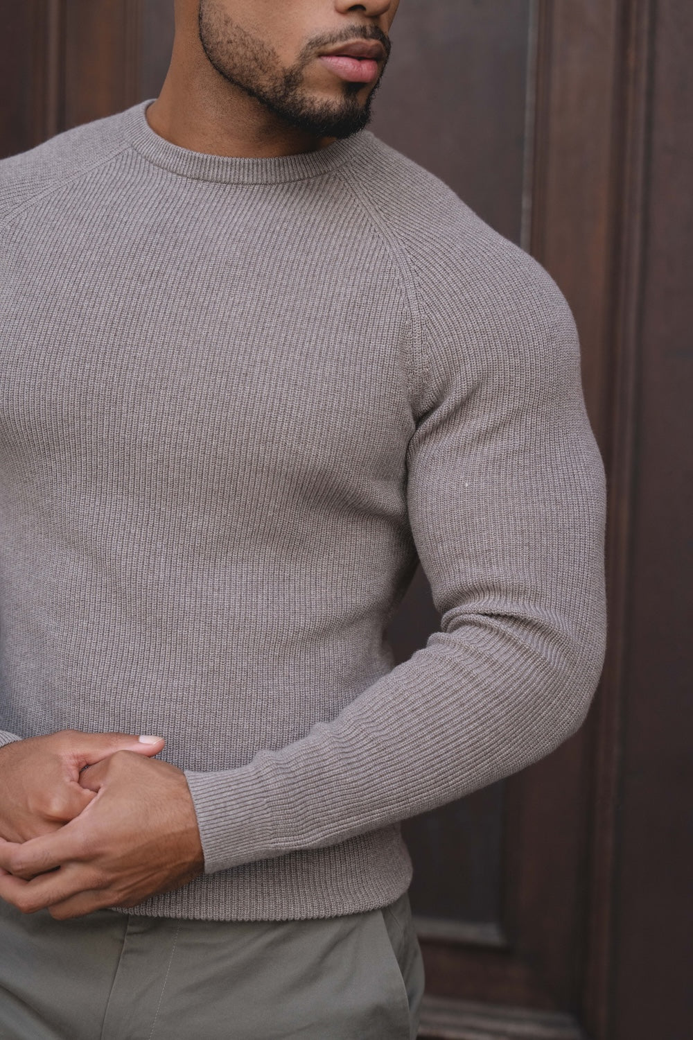 Pure Cotton Knitted Textured Crew Neck Sweater in Brown Marl - TAILORED ATHLETE - USA