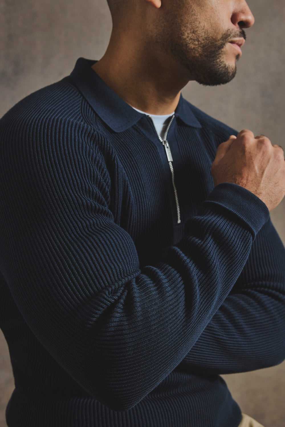 Cotton Textured Knitted Half Zip Polo Shirt in Navy - TAILORED ATHLETE - USA