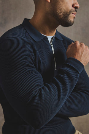 Cotton Textured Knitted Half Zip Polo Shirt in Navy - TAILORED ATHLETE - USA