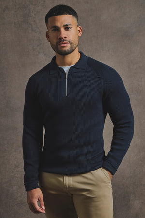 Cotton Textured Knitted Half Zip Polo Shirt in Navy - TAILORED ATHLETE - USA