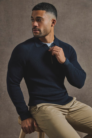 Cotton Textured Knitted Half Zip Polo Shirt in Navy - TAILORED ATHLETE - USA