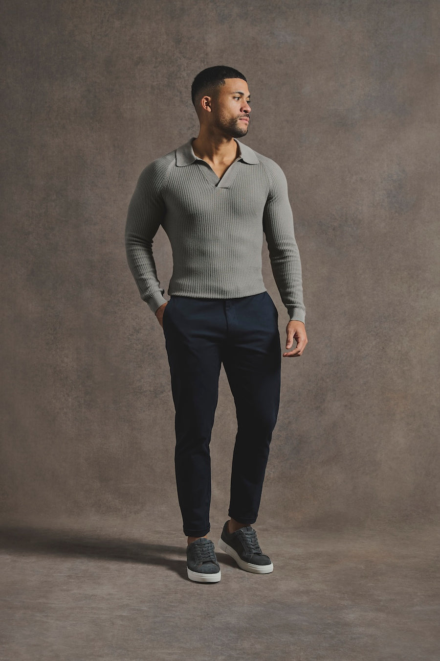 Cotton Textured Knitted Open Collar Polo Shirt in Mole - TAILORED ATHLETE - USA