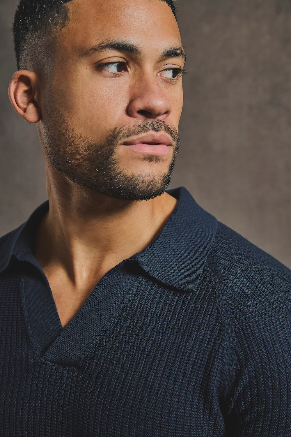 Cotton Textured Knitted Open Collar Polo Shirt in Navy - TAILORED ATHLETE - USA