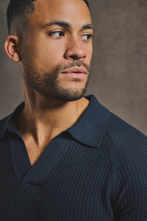Cotton Textured Knitted Open Collar Polo Shirt in Navy - TAILORED ATHLETE - USA