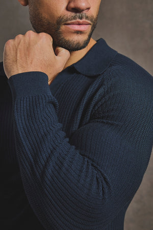 Cotton Textured Knitted Open Collar Polo Shirt in Navy - TAILORED ATHLETE - USA