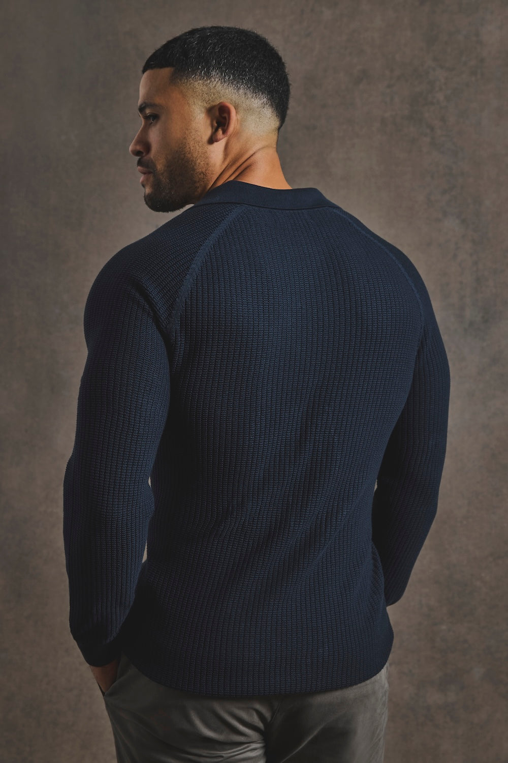 Cotton Textured Knitted Open Collar Polo Shirt in Navy - TAILORED ATHLETE - USA