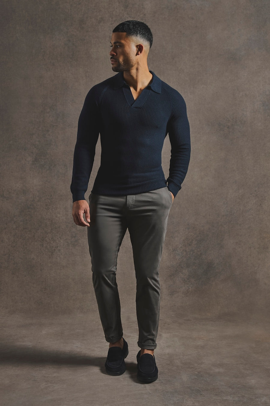 Cotton Textured Knitted Open Collar Polo Shirt in Navy - TAILORED ATHLETE - USA