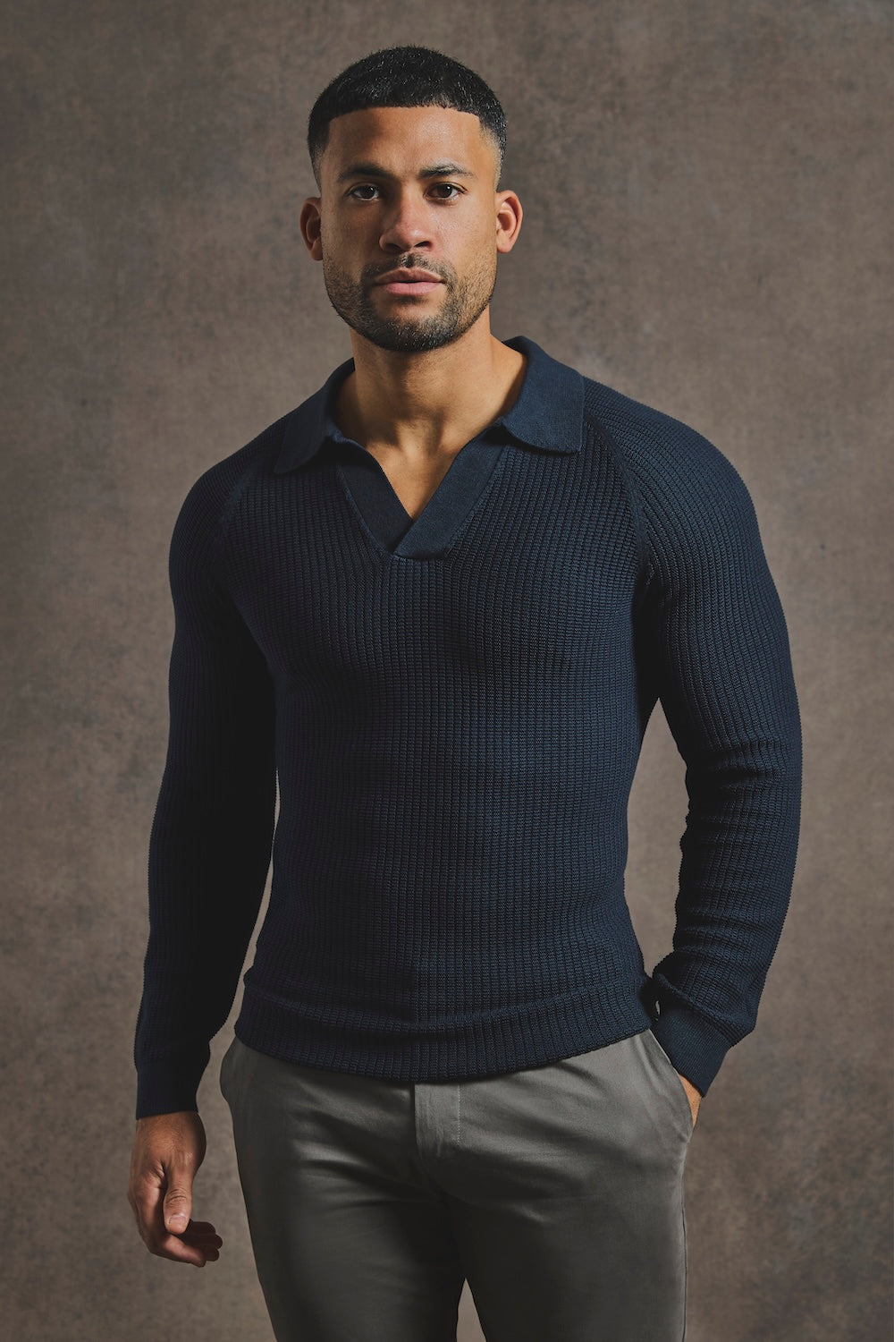 Cotton Textured Knitted Open Collar Polo Shirt in Navy - TAILORED ATHLETE - USA