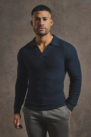 Cotton Textured Knitted Open Collar Polo Shirt in Navy - TAILORED ATHLETE - USA