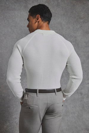 Cotton Textured Knitted Open Collar Polo Shirt in Winter White - TAILORED ATHLETE - USA