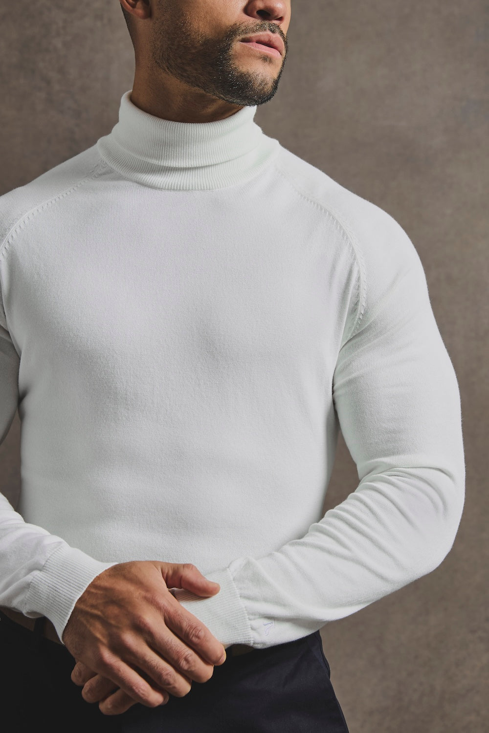 Cotton Blend Roll Neck Sweater in Winter White - TAILORED ATHLETE - USA