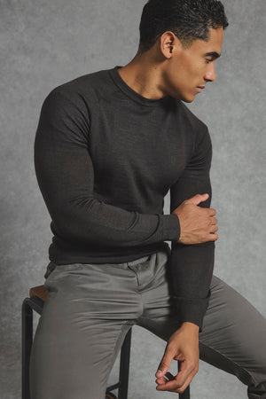 Extra Fine Merino Wool Crew Neck Sweater in Bitter Chocolate - TAILORED ATHLETE - USA