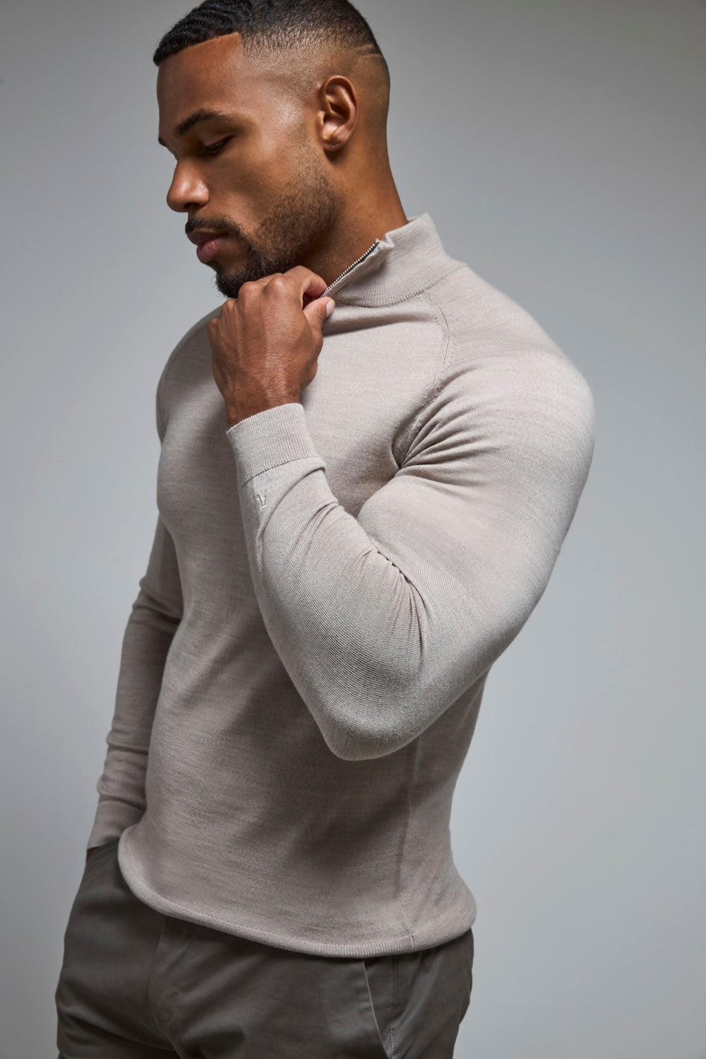 Extra Fine Merino Wool Half Zip Neck Sweater in Wheat Marl - TAILORED ATHLETE - USA