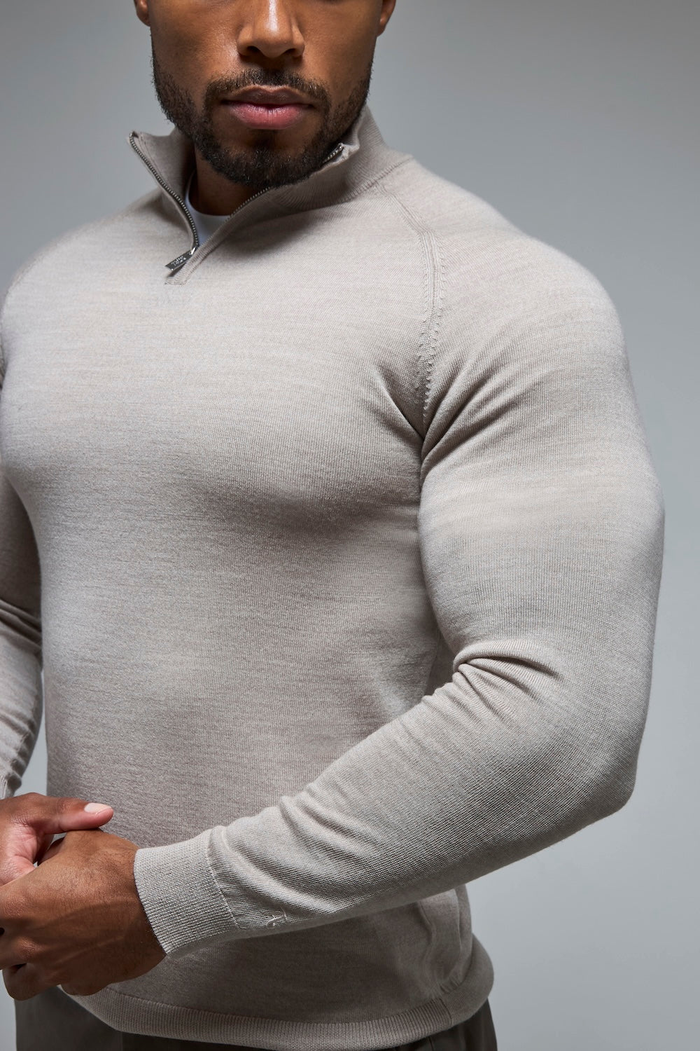 Extra Fine Merino Wool Half Zip Neck Sweater in Wheat Marl - TAILORED ATHLETE - USA