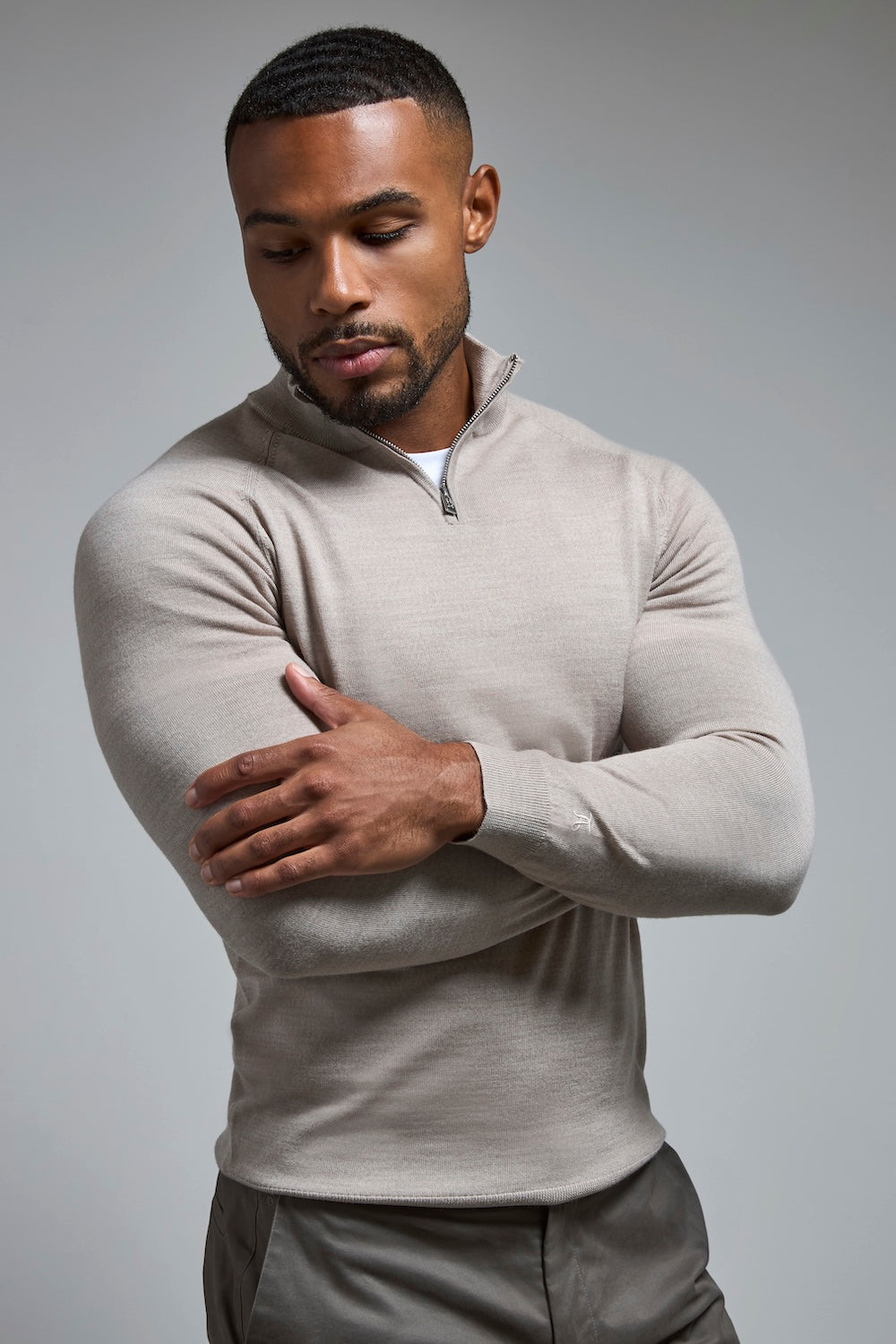Extra Fine Merino Wool Half Zip Neck Sweater in Wheat Marl - TAILORED ATHLETE - USA