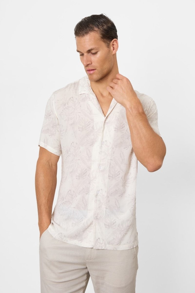 Printed Shirt in Stone Faded Tropical Leaves - TAILORED ATHLETE - USA