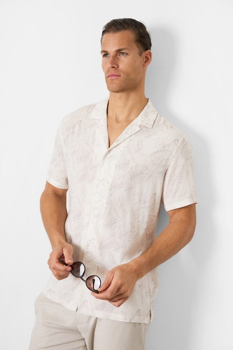 Printed Shirt in Stone Faded Tropical Leaves - TAILORED ATHLETE - USA