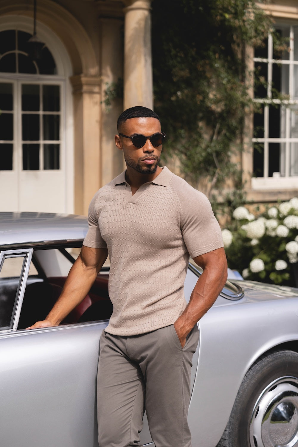 Fine Cable Knitted Polo Shirt in Stone - TAILORED ATHLETE - USA