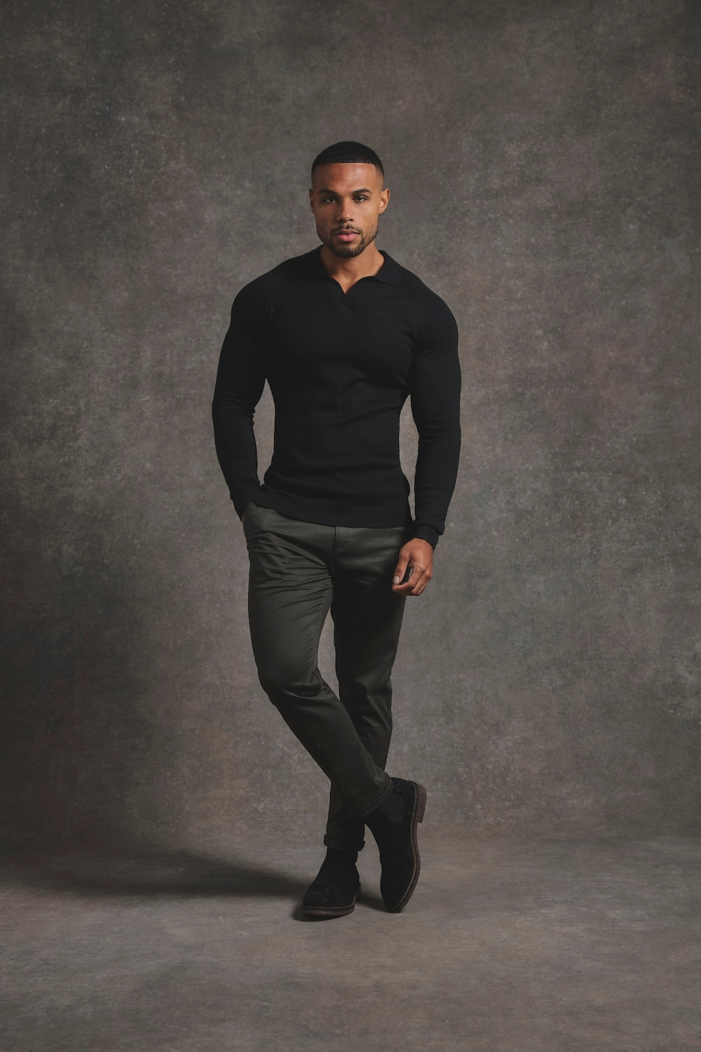 Fine Cable Knitted Polo Shirt in Black - TAILORED ATHLETE - USA