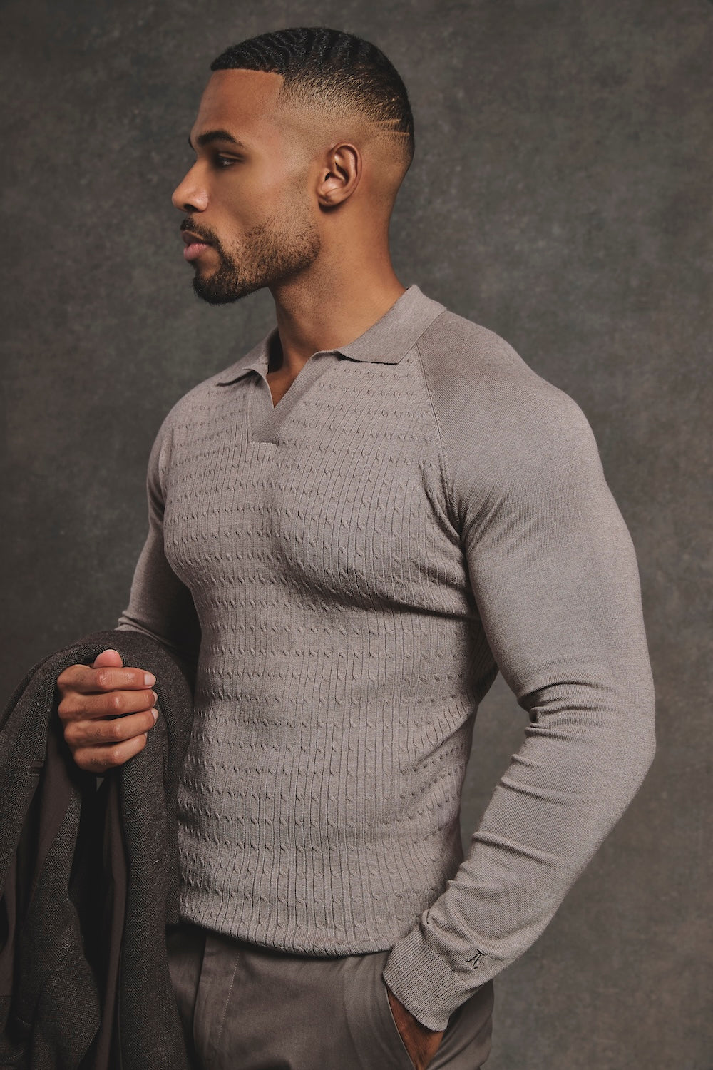 Fine Cable Knitted Polo Shirt in Neutral Marl - TAILORED ATHLETE - USA